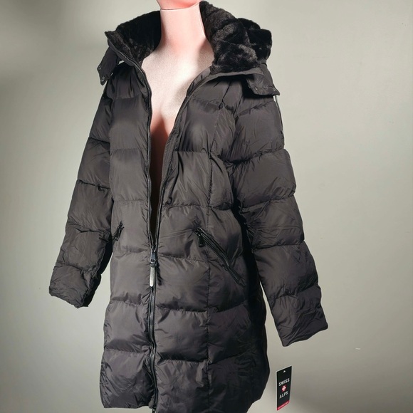 swiss alps Jackets & Blazers - NWT Swiss Alps Black Women's Puffer Coat with Faux-Fur Hood